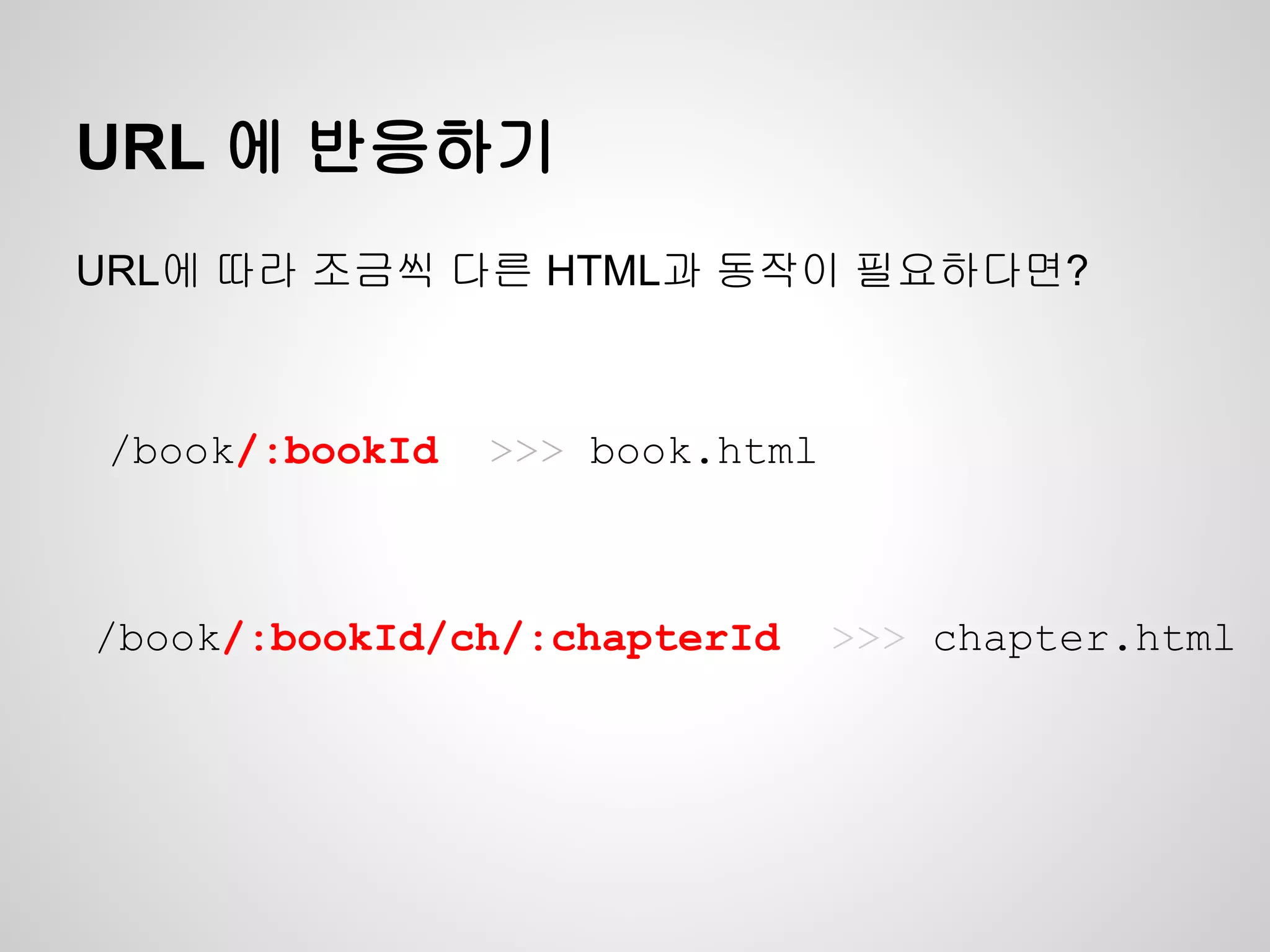 URL 에 반응하기
URL에 따라 조금씩 다른 HTML과 동작이 필요하다면?
/book/:bookId >>> book.html
/book/:bookId/ch/:chapterId >>> chapter.html
 