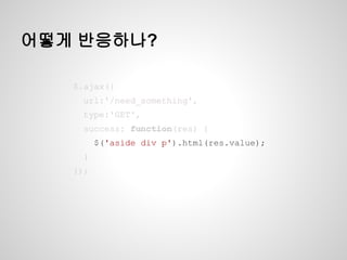 어떻게 반응하나?
$.ajax({
url:'/need_something',
type:'GET',
success: function(res) {
$('aside div p').html(res.value);
}
});
$.ajax({
url:'/need_something',
type:'GET',
success: function(res) {
$('aside div p').html(res.value);
}
});
$.ajax({
url:'/need_something',
type:'GET',
success: function(res) {
$('aside div p').html(res.value);
}
});
$.ajax({
url:'/need_something',
type:'GET',
success: function(res) {
$('aside div p').html(res.value);
}
});
 