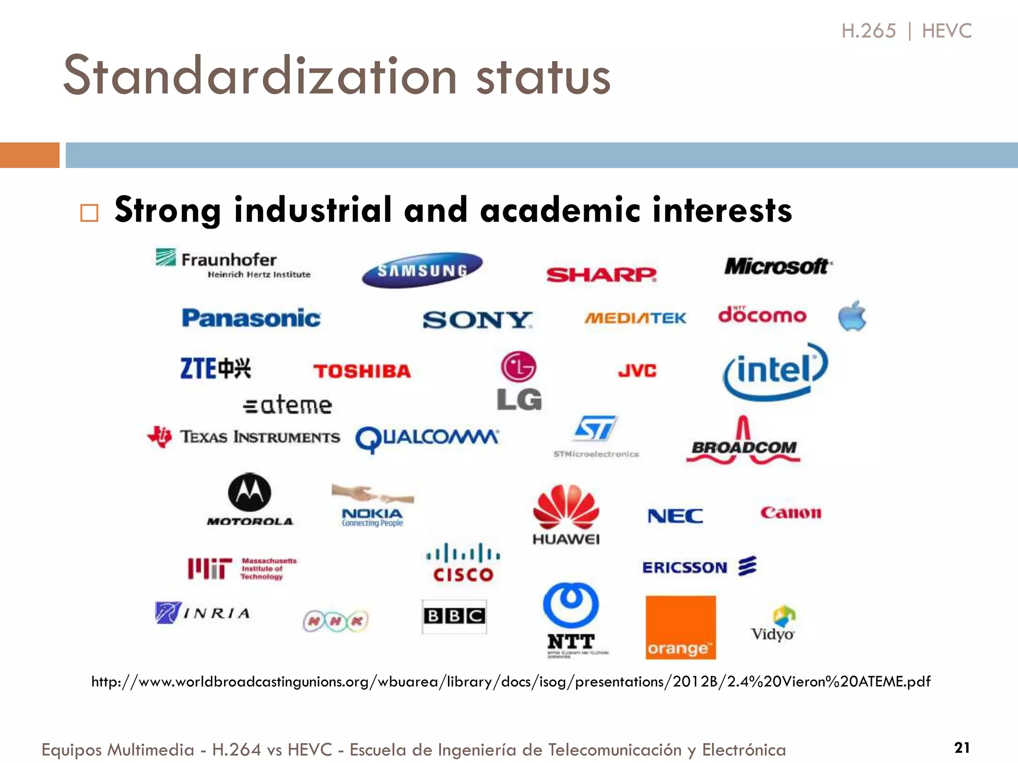 Standardization status
Equipos Multimedia - H.264 vs HEVC - Escuela de Ingeniería de Telecomunicación y Electrónica 21
 Strong industrial and academic interests
H.265 | HEVC
http://www.worldbroadcastingunions.org/wbuarea/library/docs/isog/presentations/2012B/2.4%20Vieron%20ATEME.pdf
 