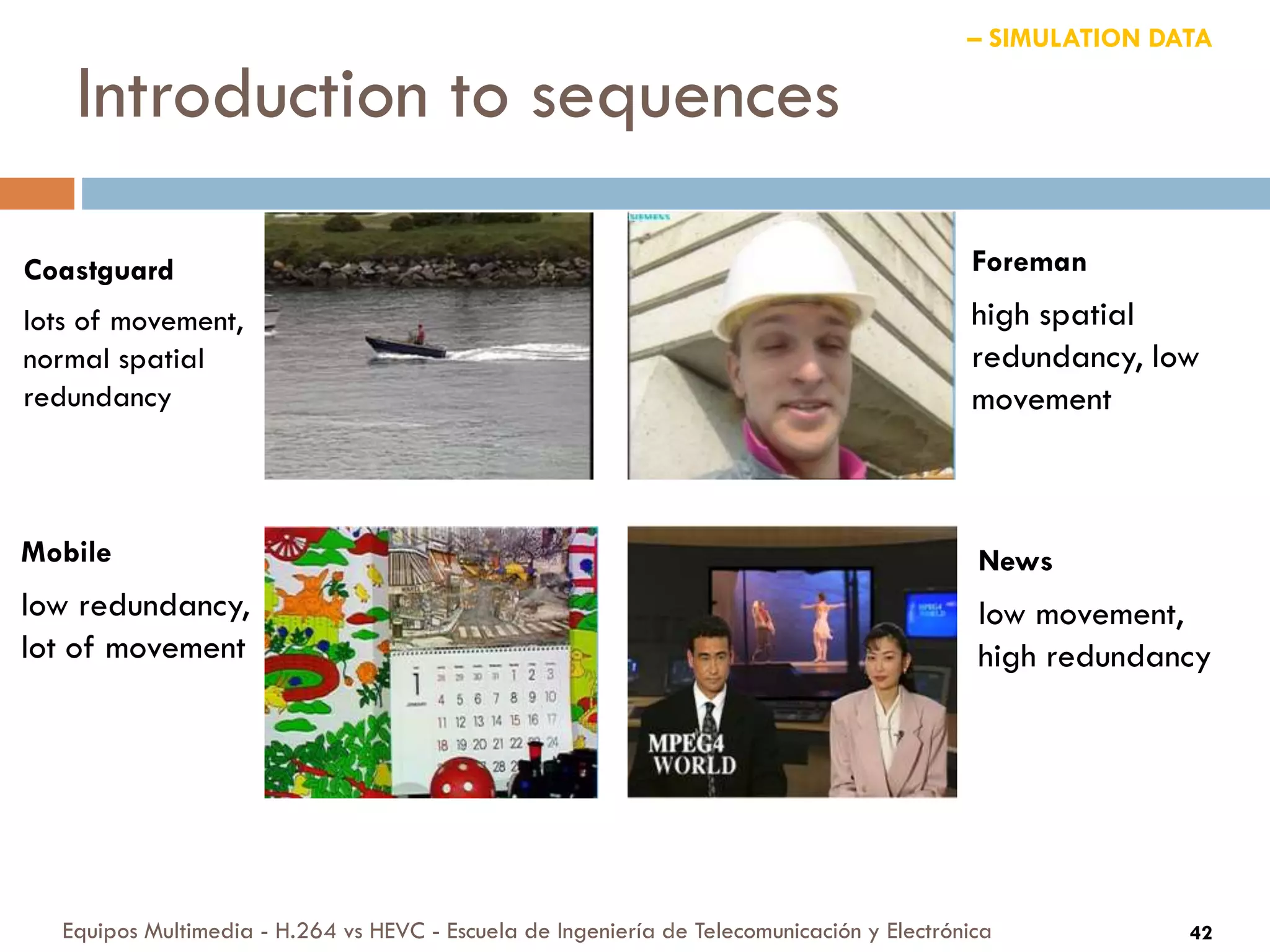 Introduction to sequences
Equipos Multimedia - H.264 vs HEVC - Escuela de Ingeniería de Telecomunicación y Electrónica 42
– SIMULATION DATA
Coastguard
lots of movement,
normal spatial
redundancy
Foreman
high spatial
redundancy, low
movement
Mobile
low redundancy,
lot of movement
News
low movement,
high redundancy
 