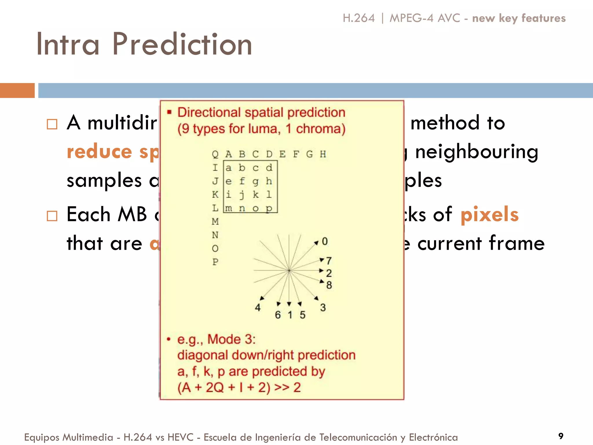 Intra Prediction
Equipos Multimedia - H.264 vs HEVC - Escuela de Ingeniería de Telecomunicación y Electrónica 9
 A multidirectional spatial prediction method to
reduce spatial redundancy by using neighbouring
samples as a prediction for the samples
 Each MB can be encoded using blocks of pixels
that are already encoded within the current frame
H.264 | MPEG-4 AVC - new key features
 