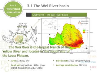 10
Wei River
Yellow River
Study area – the Wei River basin
3.1 The Wei River basin
Watershed
simulation
Part 3
• Area: 134,800 km2
• Land use: Agriculture (45%), grass
(38%), forest (15%), others (2%)
• Erosion rate: 3000 ton/(km2*year)
• Average precipitation: 572 mm
 