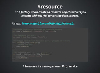 Usage: 
//Resource Constructor provided by $resource factory 
var User = $resource('/user/:id', {id:'@id'}); 
//new Resource instance 
var user = new User({name: 'John'}); 
//Prototype methods from Resource class - persist to backend 
user.$save().then(function(){ 
//Delete the user 
user.$delete(); 
}); 
//Get existing user 
var user2 = User.get({id: 2}, function(){ 
user.name = 'Another name'; 
user.$save(); 
}); 
 