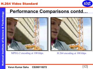 H.264 Video Standard 
Performance Comparisons contd… 
Technology 
& Science of Institute MPEG-2 encoding at 100 kbps H.264 encoding at 100 kbps 
National [12] Varun Kumar Sahu CS200118272 
 