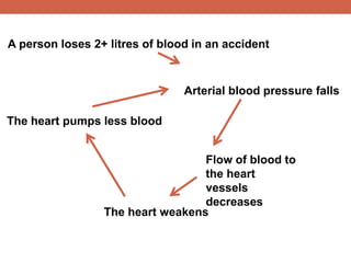A person loses 2+ litres of blood in an accident 
Arterial blood pressure falls 
Flow of blood to 
the heart 
vessels 
decreases 
The heart pumps less blood 
The heart weakens 
 