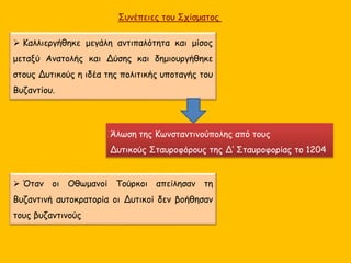  Καλλιεργήθηκε μεγάλη αντιπαλότητα και μίσος
μεταξύ Ανατολής και Δύσης και δημιουργήθηκε
στους Δυτικούς η ιδέα της πολιτικής υποταγής του
Βυζαντίου.
Άλωση της Κωνσταντινούπολης από τους
Δυτικούς Σταυροφόρους της Δ’ Σταυροφορίας το 1204
Συνέπειες του Σχίσματος
 Όταν οι Οθωμανοί Τούρκοι απείλησαν τη
Βυζαντινή αυτοκρατορία οι Δυτικοί δεν βοήθησαν
τους βυζαντινούς
 