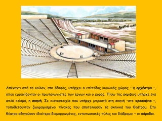 Απέναντι από το κοίλον, στο έδαφος, υπάρχει ο επίπεδος κυκλικός χώρος – η ορχήστρα –,
όπου εμφανίζονταν οι πρωταγωνιστές των έργων και ο χορός. Πίσω της ακριβώς υπήρχε ένα
απλό κτίσμα, η σκηνή. Σε κιονοστοιχία που υπήρχε μπροστά στη σκηνή –στο προσκήνιο –,
τοποθετούνταν ζωγραφισμένοι πίνακες που αποτελούσαν τα σκηνικά του θεάτρου. Στο
θέατρο οδηγούσαν ιδιαίτερα διαμορφωμένες, εντυπωσιακές πύλες και διάδρομοι – οι πάροδοι.
 