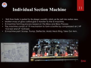 11Individual Section Machine
• Melt from feeder is pushed by the plunger assembly which cut the melt into molten mass.
• Molten mass of glass called gob is transfer to the IS machine.
• IS machine forming process based on the Blow and Blow Process
• The machine consist of 19 mechanism to form a bottle by compressed air ( HP
=3.2 bar and LP =2.8 bar)
• IS machine part: Scoop, Trump, Deflector, Mold, Neck Ring, Take Out Arm.
 