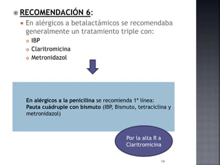  RECOMENDACIÓN 6:
 En alérgicos a betalactámicos se recomendaba
generalmente un tratamiento triple con:
 IBP
 Claritromicina
 Metronidazol
En alérgicos a la penicilina se recomienda 1ª línea:
Pauta cuádruple con bismuto (IBP, Bismuto, tetraciclina y
metronidazol)
Por la alta R a
Claritromicina
14
 