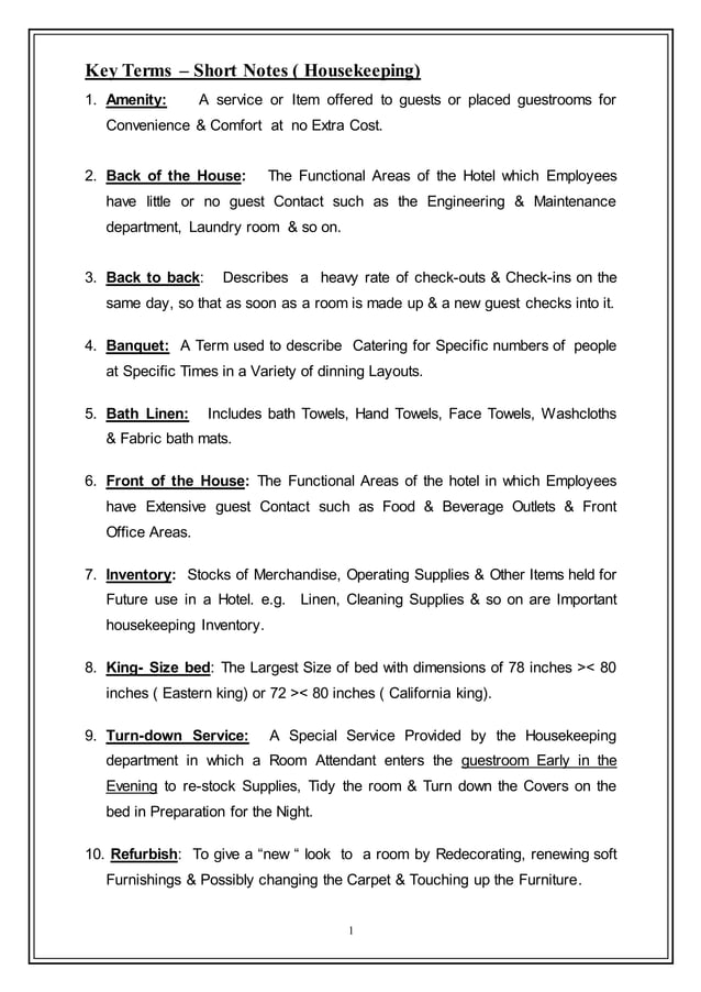 Housekeeping Key Terms PDF