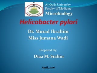 Dr. Murad Ibrahim
Miss Jumana Wadi
Prepared By:
Diaa M. Srahin
April, 2016
Al-Quds University
Faculty of Medicine
Microbiology
 