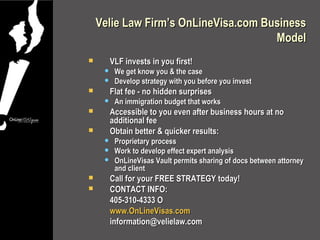 Velie Law Firm’s OnLineVisa.com Business
                                      Model
     VLF invests in you first!
        We get know you & the case
        Develop strategy with you before you invest
     Flat fee - no hidden surprises
        An immigration budget that works
     Accessible to you even after business hours at no
      additional fee
     Obtain better & quicker results:
        Proprietary process
        Work to develop effect expert analysis
        OnLineVisas Vault permits sharing of docs between attorney
         and client
     Call for your FREE STRATEGY today!
     CONTACT INFO:
      405-310-4333 O
      www.OnLineVisas.com
      information@velielaw.com
 