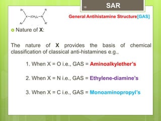  Nature of X:
The nature of X provides the basis of chemical
classification of classical anti-histamines e.g.,
1. When X = O i.e., GAS = Aminoalkylether’s
2. When X = N i.e., GAS = Ethylene-diamine’s
3. When X = C i.e., GAS = Monoaminopropyl’s
General Antihistamine Structure[GAS]
SAR16
 
