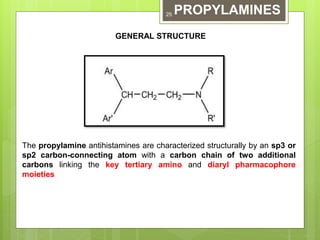 PROPYLAMINES
The propylamine antihistamines are characterized structurally by an sp3 or
sp2 carbon-connecting atom with a carbon chain of two additional
carbons linking the key tertiary amino and diaryl pharmacophore
moieties
GENERAL STRUCTURE
25
 