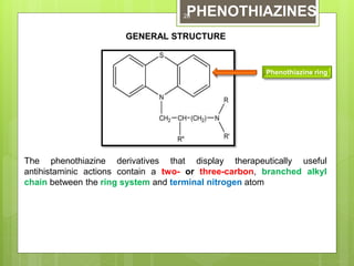 PHENOTHIAZINES
The phenothiazine derivatives that display therapeutically useful
antihistaminic actions contain a two- or three-carbon, branched alkyl
chain between the ring system and terminal nitrogen atom
GENERAL STRUCTURE
28
Phenothiazine ring
 