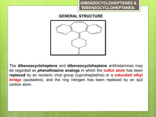 DIBENZOCYCLOHEPTENES &
DIBENZOCYCLOHEPTANES-
GENERAL STRUCTURE
The dibenzocycloheptene and dibenzocycloheptane antihistamines may
be regarded as phenothiazine analogs in which the sulfur atom has been
replaced by an isosteric vinyl group (cyproheptadine) or a saturated ethyl
bridge (azatadine), and the ring nitrogen has been replaced by an sp2
carbon atom.
30
 