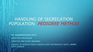 HANDLING OF SEGREGATION
POPULATION: PEDIGREE METHOD
DR. RAJENDRAGOUDA PATIL
ASSISTANT PROFESSOR
GENETICS AND PLANT BREEDING
SCHOOL OF AGRICULTURAL SCIENCES AND TECHNOLOGY (SAST), NMIMS,
MPTP SHIRPUR
 