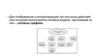 • Для отображения и алгоритмизации тех или иных действий
или ситуаций используются сетевые модели, простейшие из
них – сетевые графики.
 