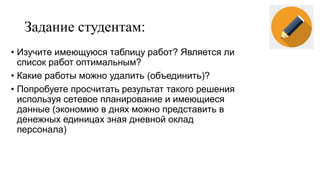 Задание студентам:
• Изучите имеющуюся таблицу работ? Является ли
список работ оптимальным?
• Какие работы можно удалить (объединить)?
• Попробуете просчитать результат такого решения
используя сетевое планирование и имеющиеся
данные (экономию в днях можно представить в
денежных единицах зная дневной оклад
персонала)
 