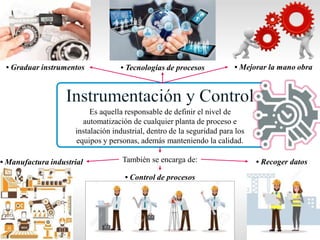 Es aquella responsable de definir el nivel de
automatización de cualquier planta de proceso e
instalación industrial, dentro de la seguridad para los
equipos y personas, además manteniendo la calidad.
También se encarga de: • Recoger datos
• Control de procesos
• Graduar instrumentos • Tecnologías de procesos
• Manufactura industrial
• Mejorar la mano obra
 