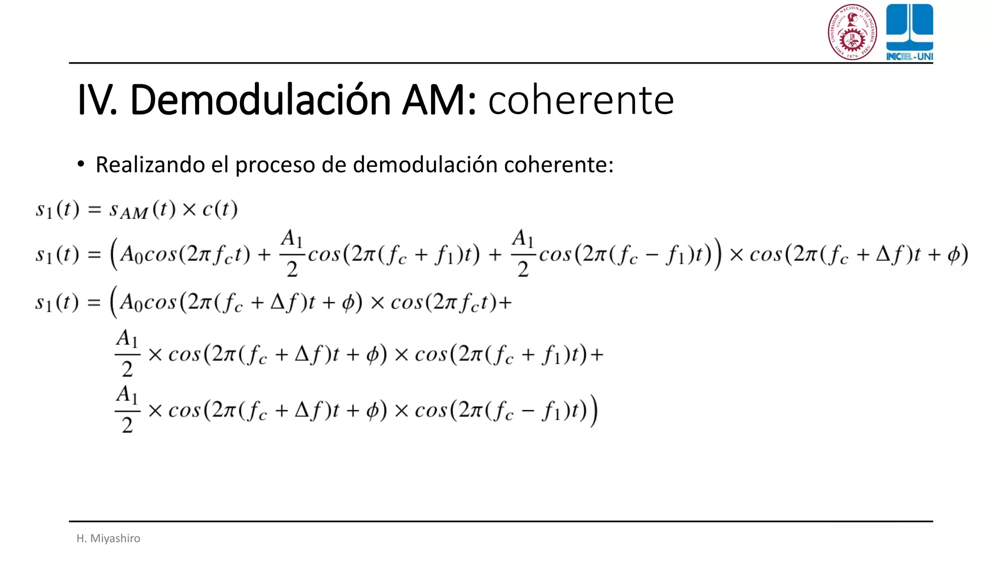IV. Demodulación AM: coherente
• Realizando el proceso de demodulación coherente:
H. Miyashiro
 