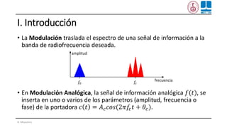 I. Introducción
• La Modulación traslada el espectro de una señal de información a la
banda de radiofrecuencia deseada.
• En Modulación Analógica, la señal de información analógica 𝑓(𝑡), se
inserta en uno o varios de los parámetros (amplitud, frecuencia o
fase) de la portadora 𝑐 𝑡 = 𝐴 𝑐 𝑐𝑜𝑠(2𝜋𝑓𝑐 𝑡 + 𝜃𝑐).
H. Miyashiro
𝑓0 𝑓𝑐
frecuencia
amplitud
 