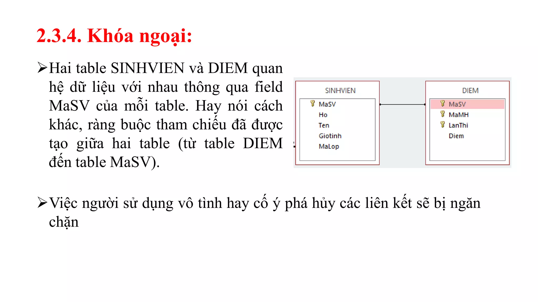 Hai table SINHVIEN và DIEM quan
hệ dữ liệu với nhau thông qua field
MaSV của mỗi table. Hay nói cách
khác, ràng buộc tham chiếu đã được
tạo giữa hai table (từ table DIEM
đến table MaSV).
Việc người sử dụng vô tình hay cố ý phá hủy các liên kết sẽ bị ngăn
chặn
2.3.4. Khóa ngoại:
 