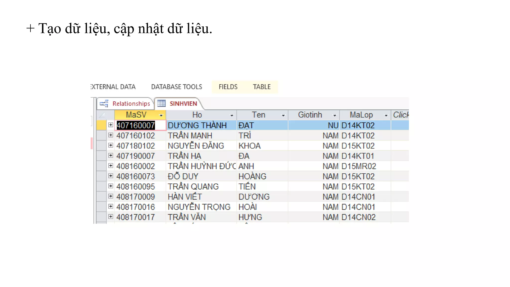 + Tạo dữ liệu, cập nhật dữ liệu.
 