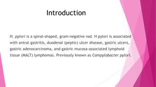 Introduction
H. pylori is a spiral-shaped, gram-negative rod. H pylori is associated
with antral gastritis, duodenal (peptic) ulcer disease, gastric ulcers,
gastric adenocarcinoma, and gastric mucosa-associated lymphoid
tissue (MALT) lymphomas. Previously known as Campylobacter pylori.
 