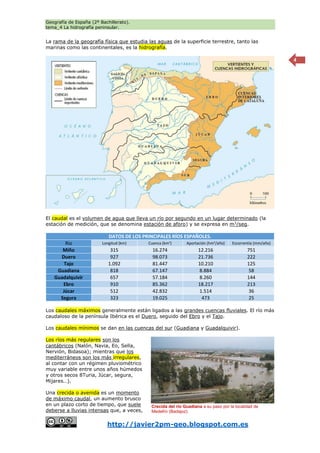 Geografía de España (2º Bachillerato).
tema_4 La hidrografía peninsular.
http://javier2pm-geo.blogspot.com.es
4
La rama de la geografía física que estudia las aguas de la superficie terrestre, tanto las
marinas como las continentales, es la hidrografía.
El caudal es el volumen de agua que lleva un río por segundo en un lugar determinado (la
estación de medición, que se denomina estación de aforo) y se expresa en m3
/seg.
DATOS DE LOS PRINCIPALES RÍOS ESPAÑOLES.
Río Longitud (km) Cuenca (km2
) Aportación (hm3
/año) Escorrentía (mm/año)
Miño 315 16.274 12.216 751
Duero 927 98.073 21.736 222
Tajo 1.092 81.447 10.210 125
Guadiana 818 67.147 8.884 58
Guadalquivir 657 57.184 8.260 144
Ebro 910 85.362 18.217 213
Júcar 512 42.832 1.514 36
Segura 323 19.025 473 25
Los caudales máximos generalmente están ligados a las grandes cuencas fluviales. El río más
caudaloso de la península Ibérica es el Duero, seguido del Ebro y el Tajo.
Los caudales mínimos se dan en las cuencas del sur (Guadiana y Guadalquivir).
Los ríos más regulares son los
cantábricos (Nalón, Navia, Eo, Sella,
Nervión, Bidasoa); mientras que los
mediterráneos son los más irregulares,
al contar con un régimen pluviométrico
muy variable entre unos años húmedos
y otros secos 8Turia, Júcar, segura,
Mijares…).
Una crecida o avenida es un momento
de máximo caudal, un aumento brusco
en un plazo corto de tiempo, que suele
deberse a lluvias intensas que, a veces,
Crecida del río Guadiana a su paso por la localidad de
Medellín (Badajoz).
 