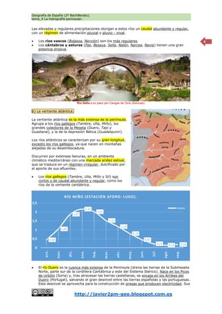 Geografía de España (2º Bachillerato).
tema_4 La hidrografía peninsular.
http://javier2pm-geo.blogspot.com.es
6
Las elevadas y regulares precipitaciones otorgan a estos ríos un caudal abundante y regular,
con un régimen de alimentación pluvial y pluvio - nival.
 Los ríos vascos (Bidasoa, Nervión) son los más regulares.
 Los cántabros y astures (Pas, Besaya, Sella, Nalón, Narcea, Navia) tienen una gran
potencia erosiva.
b) La vertiente atlántica.
La vertiente atlántica es la más extensa de la península.
Agrupa a los ríos gallegos (Tambre, Ulla, Miño), los
grandes colectores de la Meseta (Duero, Tajo y
Guadiana), y la de la depresión Bética (Guadalquivir).
Los ríos atlánticos se caracterizan por su gran longitud,
excepto los ríos gallegos, ya que nacen en montañas
alejadas de su desembocadura.
Discurren por extensas llanuras, en un ambiente
climático mediterráneo con una marcada aridez estival,
que se traduce en un régimen irregular, dulcificado por
el aporte de sus afluentes.
 Los ríos gallegos (Tambre, Ulla, Miño y Sil) son
cortos y de caudal abundante y regular, como los
ríos de la vertiente cantábrica.
 El río Duero es la cuenca más extensa de la Península (drena las tierras de la Submeseta
Norte, parte sur de la cordillera Cantábrica y este del Sistema Ibérico). Nace en los Picos
de Urbión (Soria) y, tras atravesar las tierras castellanas, se encaja en los Arribes del
Duero (Portugal), salvando el gran desnivel entre las tierras españolas y las portuguesas.
Este desnivel se aprovecha para la construcción de presas que producen electricidad. Sus
Río Sella a su paso por Cangas de Onís (Asturias).
0,44
1,05
1,87
2,16
2,01
1,52
1,18
0,79
0,45
0,22 0,14 0,18
0
0,5
1
1,5
2
2,5
o
ct.
n
ov.
d
ic.
en
e.
feb
.
m
ar
.
ab
r
.
m
ay.
ju
n
.
ju
l.
ago.
sep
.
RÍO MIÑO (ESTACIÓN AFORO: LUGO).
meses
 