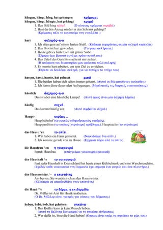 hängen, hängt, hing, hat gehangen êñÝìïìáé
hängen, hängt, hängte, hat gehängt êñåìþ
1. Das Bild hing schief. (Ï ðßíáêáò êñÝìåôáé óôñáâÜ.)
2. Hast du den Anzug wieder in den Schrank gehängt?
(ÊñÝìáóåò ðÜëé ôï êïõóôïýìé óôç íôïõëÜðá ;)
hart óêëçñüò-ç-ï
1. Ich sitze gern auf einem harten Stuhl. (ÊÜèïìáé åõ÷áñßóôùò óå ìßá óêëçñÞ êáñÝêëá.)
2. Das Brot ist hart geworden. (Ôï øùìß óêëÞñáéíå.)
3. Heute gibt es harte Eier mit grüner Soße.
(ÓÞìåñá Ý÷åé âñáóôÜ áõãÜ ìå ðñÜóéíç óÜëôóá.)
4. Das Urteil des Gerichts erscheint mir zu hart.
(Ç áðüöáóç ôïõ äéêáóôçñßïõ ìïõ öáßíåôáé ðïëý óêëçñÞ.)
5. Er musste hart arbeiten, um sein Ziel zu erreichen.
(Åðñåðå íá äïõëÝøåé óêëçñÜ, ãéá íá ðåôý÷åé ôï óôü÷ï ôïõ.)
hassen, hasst, hasste, hat gehasst ìéóþ
1. Die beiden haben sich schon immer gehasst. (Áõôïß ïé äýï ìéóïýíôáí áíÝêáèåí.)
2. Ich hasse diese dauernden Aufregungen. (Ìéóþ áõôÝò ôéò äéáñêείς áíáóôáôþóåéò.)
hässlich Üó÷çìïò-ç-ï
Das ist aber eine hässliche Lampe! (ÁõôÞ üìùò åßíáé ìßá Üó÷çìç ëÜìðá.)
häufig óõ÷íÜ
Das kommt häufig vor. (Áõôü óõìâáßíåé óõ÷íÜ.)
Haupt- êõñßùò ...
Hauptbahnhof (êåíôñéêüò óéäçñïäñïìéêüò óôáèìüò),
Hauptproblem (ôï êõñßùò [êõñéüôåñï] ðñüâëçìá.), Hauptsache (ôï êõñéüôåñï)
das Haus / ¨er ôï óðßôé
1. Wir haben ein Haus gemietet. (ÍïéêéÜóáìå Ýíá óðßôé.)
2. Ich komme gerade von zu Hause. (Åñ÷ïìáé ôþñá áðü ôï óðßôé.)
die Hausfrau / en ç íïéêïêõñÜ
Beruf: Hausfrau (åðÜããåëìá: íïéêïêõñÜ [ïéêéáêÜ])
der Haushalt / e ôï íïéêïêõñéü
Fast jeder Haushalt in Deutschland hat heute einen Kühlschrank und eine Waschmaschine.
(Ó÷åäüí êÜèå íïéêïêõñéü óôç Ãåñìáíßá Ý÷åé óÞìåñá Ýíá øõãåßï êáé Ýíá ðëõíôÞñéï.)
der Hausmeister / - ï åðéóôÜôçò
Am besten, Sie wenden sich an den Hausmeister.
(Êáëýôåñá íá áðåõèõíèåßôå óôïí åðéóôÜôç.)
die Haut / ¨e ôï äÝñìá, ç åðéäåñìßäá
Dr. Müller ist Arzt für Hautkrankheiten.
(Ï Dr. Ìýëëåñ åßíáé ãéáôñüò ãéá íüóïõò ôïõ äÝñìáôïò.)
heben, hebt, hob, hat gehoben óçêþíù
1. Den Koffer kann ja kein Mensch heben.
(ÁõôÞ ôç âáëßôóá äåí ìðïñåß íá ôç óçêþóåé Üíèñùðïò.)
2. Wer dafür ist, bitte die Hand heben! (Ïðïéïò åßíáé õðÝñ, íá óçêþóåé ôï ÷Ýñé ôïõ.)
 