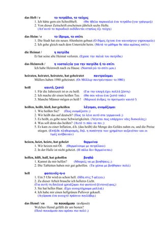 das Heft / e ôï ôåôñÜäéï, ôï ôåý÷ïò
1. Ich hätte gern ein Schreibheft. (Èá Þèåëá ðáñáêáëþ Ýíá ôåôñÜäéï [ãéá ãñÜøéìï].)
2. Von dieser Zeitschrift erscheinen jährlich sechs Hefte.
(Áð’áõôü ôï ðåñéïäéêü åêäßäïíôáé åôçóßùò Ýîé ôåý÷ç.)
das Heim / e ôï ßäñõìá, ôï óðßôé
1. Die Stadt hat ein neues Altenheim gebaut.(Ï äÞìïò Ý÷ôéóå Ýíá êáéíïýñãéï ãçñïêïìåßï.)
2. Ich gehe gleich nach dem Unterricht heim. (ÌåôÜ ôï ìÜèçìá èá ðÜù áìÝóùò óðßôé.)
die Heimat / ç ðáôñßäá
Er hat seine alte Heimat verloren. (Å÷áóå ôçí ðáëéÜ ôïõ ðáôñßäá.)
das Heimweh / ç íïóôáëãßá ãéá ôçí ðáôñßäá Þ ôï óðßôé
Ich habe Heimweh nach zu Hause. (Íïóôáëãþ ôï óðßôé ìïõ.)
heiraten, heiratet, heiratete, hat geheiratet ðáíôñåýïìáé
Müllers haben 1980 geheiratet. (Ïé Ìýëëåñ ðáíôñÝõôçêáí ôï 1980.)
heiß êáõôü, æåóôü
1. Für die Jahreszeit ist es zu heiß. (Ãéá ôçí åðï÷Þ Ý÷åé ðïëëÞ æÝóôç.)
2. Ich mache dir einen heißen Tee. (Èá óïõ êÜíù Ýíá æåóôü ôóÜé.)
3. Manche Männer mögen es heiß ! (Ìåñéêïß Üíäñåò ôï ðñïôéìïýí êáõôü !)
heißen, heißt, hieß, hat geheißen ëÝãïìáé, ïíïìÜæïìáé
1. Wie heißen Sie? (Ðùò ïíïìÜæåóôå ;)
2. Wir heißt das auf deutsch? (Ðùς ôï ëÝíå áõôü óôá ãåñìáíéêÜ ;)
3. Es heißt, es gebe neue Schwierigkeiten. (ËÝãåôáé ðùò õðÜñ÷ïõí íÝåò äõóêïëßåò.)
4. Was soll denn das heißen? (Áõôü ôé ðÜåé íá ðåé ;)
5. Es kam zu einer Inflation, d.h. (das heißt) die Menge des Geldes nahm zu, und die Preise
stiegen. (ÅðÞëèå ðëçèùñéóìüò, äçë. ç ðïóüôçôá ôùí ÷ñçìÜôùí áõîáíüôáí êáé ïé
ôéìÝò áíÝâáéíáí.)
heizen, heizt, heizte, hat geheizt èåñìαίíù
1. Wir heizen mit Öl. (Èåñìáßíïõìå ìå ðåôñÝëáéï.)
2. In der Halle ist nicht geheizt. (Ç óÜëá äåí èåñìáßíåôáé.)
helfen, hilft, half, hat geholfen âïçèþ
1. Kannst du mir helfen? (Ìðïñåßò íá ìå âïçèÞóåéò ;)
2. Die Tabletten haben mir gut geholfen. (Ôá ÷Üðéá ìå âïÞèçóáí ðïëý.)
hell öùôåéíüò-ç-ï
1. Um 5 Uhr wird es schon hell. (Çäç óôéò 5 öÝããåé.)
2. Zu dieser Arbeit brauche ich helleres Licht.
(Ãéá áõôÞ ôç äïõëåéÜ ÷ñåéÜæïìáé ðéï öùôåéíü [Ýíôïíï] öùò.)
3. Sie hat helles Haar. (Å÷åé áíïé÷ôü÷ñùìá ìáëëéÜ.)
4. Ich habe mir einen hellgrünen Pullover gekauft.
(Áãüñáóá Ýíá áíïé÷ôü ðñÜóéíï ðïõëüâåñ.)
das Hemd / en ôï ðïõêÜìéóï (áíäñéêü)
Welches Hemd gefällt dir am besten?
(Ðïéü ðïõêÜìéóï óïõ áñÝóåé ðéï ðïëý ;)
 