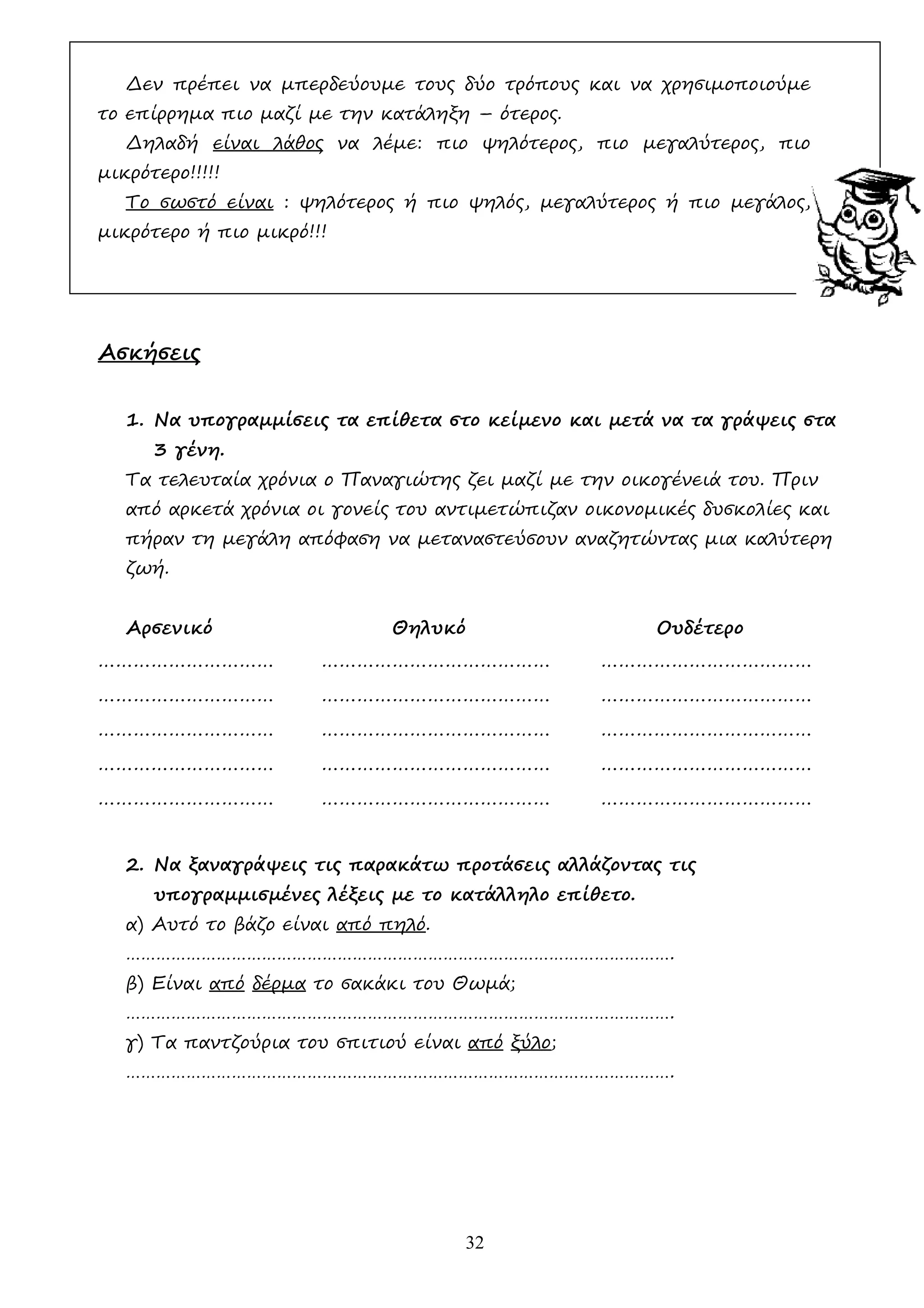 32
∆εν πρέπει να µπερδεύουµε τους δύο τρόπους και να χρησιµοποιούµε
το επίρρηµα πιο µαζί µε την κατάληξη – ότερος.
∆ηλαδή είναι λάθος να λέµε: πιο ψηλότερος, πιο µεγαλύτερος, πιο
µικρότερο!!!!!
Το σωστό είναι : ψηλότερος ή πιο ψηλός, µεγαλύτερος ή πιο µεγάλος,
µικρότερο ή πιο µικρό!!!
Ασκήσεις
1. Να υπογραµµίσεις τα επίθετα στο κείµενο και µετά να τα γράψεις στα
3 γένη.
Τα τελευταία χρόνια ο Παναγιώτης ζει µαζί µε την οικογένειά του. Πριν
από αρκετά χρόνια οι γονείς του αντιµετώπιζαν οικονοµικές δυσκολίες και
πήραν τη µεγάλη απόφαση να µεταναστεύσουν αναζητώντας µια καλύτερη
ζωή.
Αρσενικό Θηλυκό Ουδέτερο
………………………… ………………………………… ………………………………
………………………… ………………………………… ………………………………
………………………… ………………………………… ………………………………
………………………… ………………………………… ………………………………
………………………… ………………………………… ………………………………
2. Να ξαναγράψεις τις παρακάτω προτάσεις αλλάζοντας τις
υπογραµµισµένες λέξεις µε το κατάλληλο επίθετο.
α) Αυτό το βάζο είναι από πηλό.
……………………………………………………………………………………………….
β) Είναι από δέρµα το σακάκι του Θωµά;
……………………………………………………………………………………………….
γ) Τα παντζούρια του σπιτιού είναι από ξύλο;
……………………………………………………………………………………………….
 