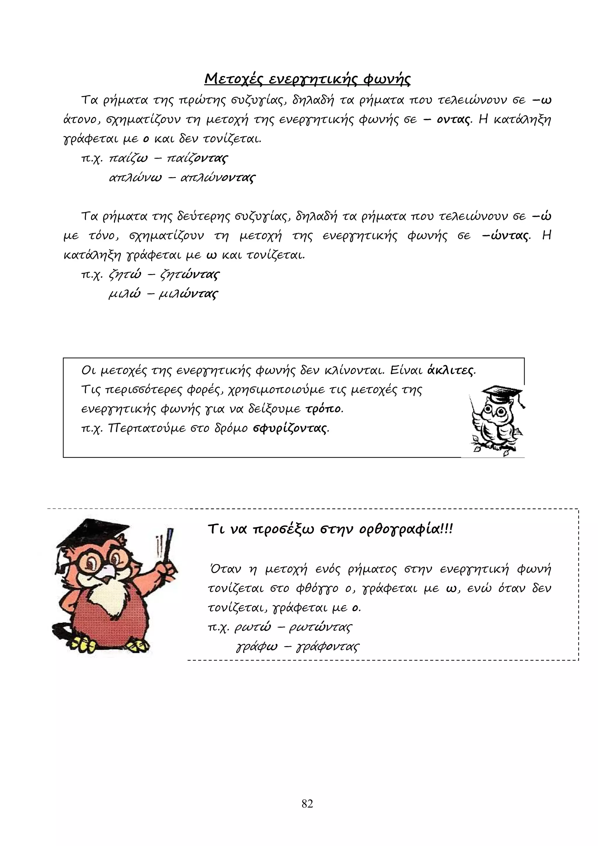82
Μετοχές ενεργητικής φωνής
Τα ρήµατα της πρώτης συζυγίας, δηλαδή τα ρήµατα που τελειώνουν σε –ω
άτονο, σχηµατίζουν τη µετοχή της ενεργητικής φωνής σε – οντας. Η κατάληξη
γράφεται µε ο και δεν τονίζεται.
π.χ. παίζω – παίζοντας
απλώνω – απλώνοντας
Τα ρήµατα της δεύτερης συζυγίας, δηλαδή τα ρήµατα που τελειώνουν σε –ώ
µε τόνο, σχηµατίζουν τη µετοχή της ενεργητικής φωνής σε –ώντας. Η
κατάληξη γράφεται µε ω και τονίζεται.
π.χ. ζητώ – ζητώντας
µιλώ – µιλώντας
Οι µετοχές της ενεργητικής φωνής δεν κλίνονται. Είναι άκλιτες.
Τις περισσότερες φορές, χρησιµοποιούµε τις µετοχές της
ενεργητικής φωνής για να δείξουµε τρόπο.
π.χ. Περπατούµε στο δρόµο σφυρίζοντας.
Τι να προσέξω στην ορθογραφία!!!
Όταν η µετοχή ενός ρήµατος στην ενεργητική φωνή
τονίζεται στο φθόγγο ο, γράφεται µε ω, ενώ όταν δεν
τονίζεται, γράφεται µε ο.
π.χ. ρωτώ – ρωτώντας
γράφω – γράφοντας
 