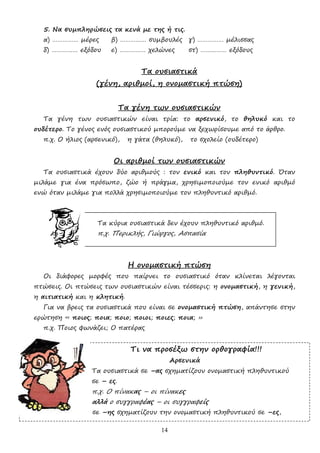14
5. Να συµπληρώσεις τα κενά µε της ή τις.
α) …………… µέρες β) …………… συµβουλές γ) …………… µέλισσας
δ) …………… εξόδου ε) …………… χελώνες στ) …………… εξόδους
Τα ουσιαστικά
(γένη, αριθµοί, η ονοµαστική πτώση)
Τα γένη των ουσιαστικών
Τα γένη των ουσιαστικών είναι τρία: το αρσενικό, το θηλυκό και το
ουδέτερο. Το γένος ενός ουσιαστικού µπορούµε να ξεχωρίσουµε από το άρθρο.
π.χ. Ο ήλιος (αρσενικό), η γάτα (θηλυκό), το σχολείο (ουδέτερο)
Οι αριθµοί των ουσιαστικών
Τα ουσιαστικά έχουν δύο αριθµούς : τον ενικό και τον πληθυντικό. Όταν
µιλάµε για ένα πρόσωπο, ζώο ή πράγµα, χρησιµοποιούµε τον ενικό αριθµό
ενώ όταν µιλάµε για πολλά χρησιµοποιούµε τον πληθυντικό αριθµό.
Τα κύρια ουσιαστικά δεν έχουν πληθυντικό αριθµό.
π.χ. Περικλής, Γιώργος, Ασπασία
Η ονοµαστική πτώση
Οι διάφορες µορφές που παίρνει το ουσιαστικό όταν κλίνεται λέγονται
πτώσεις. Οι πτώσεις των ουσιαστικών είναι τέσσερις: η ονοµαστική, η γενική,
η αιτιατική και η κλητική.
Για να βρεις τα ουσιαστικά που είναι σε ονοµαστική πτώση, απάντησε στην
ερώτηση « ποιος; ποια; ποιο; ποιοι; ποιες; ποια; »
π.χ. Ποιος φωνάζει; Ο πατέρας
Τι να προσέξω στην ορθογραφία!!!
Αρσενικά
Τα ουσιαστικά σε –ας σχηµατίζουν ονοµαστική πληθυντικού
σε – ες.
π.χ. Ο πίνακας – οι πίνακες
αλλά ο συγγραφέας – οι συγγραφείς
Τα ουσιαστικά σε –ης σχηµατίζουν την ονοµαστική πληθυντικού σε –ες,
 