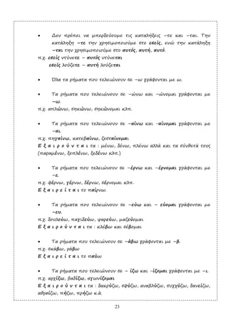 23
• ∆εν πρέπει να µπερδεύουµε τις καταλήξεις –τε και –ται. Την
κατάληξη –τε την χρησιµοποιούµε στο εσείς, ενώ την κατάληξη
–ται την χρησιµοποιούµε στο αυτός, αυτή, αυτό.
π.χ. εσείς ντύνετε – αυτός ντύνεται
εσείς λούζετε – αυτή λούζεται
• Όλα τα ρήµατα που τελειώνουν σε –ω γράφονται µε ω.
• Τα ρήµατα που τελειώνουν σε –ώνω και –ώνοµαι γράφονται µε
–ω.
π.χ. απλώνω, σηκώνω, σηκώνοµαι κλπ.
• Τα ρήµατα που τελειώνουν σε –αίνω και -αίνοµαι γράφονται µε
–αι.
π.χ. πηγαίνω, κατεβαίνω, ζεσταίνοµαι
Ε ξ α ι ρ ο ύ ν τ α ι τα : µένω, δένω, πλένω αλλά και τα σύνθετά τους
(παραµένω, ξεπλένω, ξεδένω κλπ.)
• Τα ρήµατα που τελειώνουν σε –έρνω και –έρνοµαι γράφονται µε
–ε.
π.χ. φέρνω, γέρνω, δέρνω, σέρνοµαι κλπ.
Ε ξ α ι ρ ε ί τ α ι το παίρνω.
• Τα ρήµατα που τελειώνουν σε –εύω και – εύοµαι γράφονται µε
–ευ.
π.χ. δουλεύω, παγιδεύω, ψαρεύω, µαζεύοµαι
Ε ξ α ι ρ ο ύ ν τ α ι τα : κλέβω και σέβοµαι
• Τα ρήµατα που τελειώνουν σε –άβω γράφονται µε –β.
π.χ. σκάβω, ράβω
Ε ξ α ι ρ ε ί τ α ι το παύω
• Τα ρήµατα που τελειώνουν σε – ίζω και -ίζοµαι γράφονται µε –ι.
π.χ. αρχίζω, βαδίζω, αγωνίζοµαι
Ε ξ α ι ρ ο ύ ν τ α ι τα : δακρύζω, σφύζω, αναβλύζω, συγχύζω, δανείζω,
αθροίζω, πήζω, πρήζω κ.ά.
 