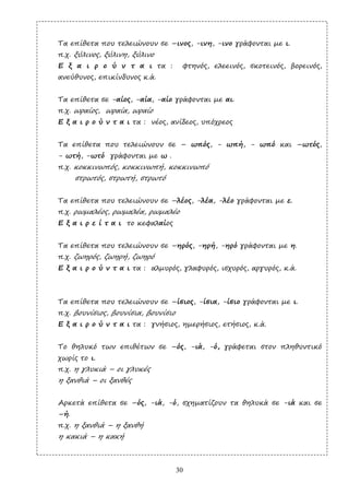 30
Τα επίθετα που τελειώνουν σε –ινος, -ινη, -ινο γράφονται µε ι.
π.χ. ξύλινος, ξύλινη, ξύλινο
Ε ξ α ι ρ ο ύ ν τ α ι τα : φτηνός, ελεεινός, σκοτεινός, βορεινός,
ανεύθυνος, επικίνδυνος κ.ά.
Τα επίθετα σε -αίος, -αία, -αίο γράφονται µε αι.
π.χ. ωραίος, ωραία, ωραίο
Ε ξ α ι ρ ο ύ ν τ α ι τα : νέος, ανίδεος, υπόχρεος
Τα επίθετα που τελειώνουν σε – ωπός, - ωπή, - ωπό και –ωτός,
- ωτή, -ωτό γράφονται µε ω .
π.χ. κοκκινωπός, κοκκινωπή, κοκκινωπό
στρωτός, στρωτή, στρωτό
Τα επίθετα που τελειώνουν σε –λέος, -λέα, -λέο γράφονται µε ε.
π.χ. ρωµαλέος, ρωµαλέα, ρωµαλέο
Ε ξ α ι ρ ε ί τ α ι το κεφαλαίος
Τα επίθετα που τελειώνουν σε –ηρός, -ηρή, -ηρό γράφονται µε η.
π.χ. ζωηρός, ζωηρή, ζωηρό
Ε ξ α ι ρ ο ύ ν τ α ι τα : αλµυρός, γλαφυρός, ισχυρός, αργυρός, κ.ά.
Τα επίθετα που τελειώνουν σε –ίσιος, -ίσια, -ίσιο γράφονται µε ι.
π.χ. βουνίσιος, βουνίσια, βουνίσιο
Ε ξ α ι ρ ο ύ ν τ α ι τα : γνήσιος, ηµερήσιος, ετήσιος, κ.ά.
Το θηλυκό των επιθέτων σε –ός, -ιά, -ό, γράφεται στον πληθυντικό
χωρίς το ι.
π.χ. η γλυκιά – οι γλυκές
η ξανθιά – οι ξανθές
Αρκετά επίθετα σε –ός, -ιά, -ό, σχηµατίζουν τα θηλυκά σε -ιά και σε
–ή.
π.χ. η ξανθιά – η ξανθή
η κακιά – η κακή
 