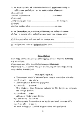 33
3. Να συµπληρώσεις τα κενά των προτάσεων, χρησιµοποιώντας το
επίθετο της παρένθεσης, µε τον πρώτο τρόπο σύγκρισης.
α) (φωτεινός)
Αυτό το δωµάτιο είναι ………………………………………. το διπλανό.
β) (απαλός)
Αυτή η κουβέρτα είναι ………………………………………………. τη δική µου.
γ) (βαρύ)
Αυτό το κιβώτιο είναι ……………………………………………. το άλλο.
4. Να ξαναγράψεις τις προτάσεις αλλάζοντας τον τρόπο σύγκρισης.
α) Αυτή η παραλία είναι καθαρότερη από αυτή που πήγαµε χτες.
…………………………………………………………………………………………………………………………
β) Ο θείος µου είναι νεότερος από τον πατέρα µου.
…………………………………………………………………………………………………………………………
γ) Το αεροπλάνο είναι πιο γρήγορο από το τρένο.
…………………………………………………………………………………………………………………………
Συλλαβισµός
Κάθε λέξη αποτελείται από µικρότερα γράµµατα που λέγονται συλλαβές.
π.χ. πα–τέ-ρας
Ο χωρισµός µιας λέξης σε συλλαβές λέγεται συλλαβισµός.
Ο χωρισµός των λέξεων σε συλλαβές γίνεται µε βάση κάποιους κανόνες,
τους κανόνες συλλαβισµού.
Κανόνες συλλαβισµού
• Ένα φωνήεν µπορεί ν’ αποτελεί µόνο του µια συλλαβή σε µια λέξη.
π.χ. ά-νε-µος, γρα-φεί-ο
• ∆ύο συνεχόµενα φωνήεντα χωρίζονται.
π.χ. α-ε-τός, ή-ρω-ας
• Ένα σύµφωνο, όταν βρίσκεται ανάµεσα σε δύο φωνήεντα, πηγαίνει
στο δεύτερο φωνήεν.
π.χ. α-γά-πη, έ-χω
• ∆ύο όµοια σύµφωνα χωρίζονται.
π.χ. κόκ-κι-νο, µέ-λισ-σα
• ∆ύο σύµφωνα δεν χωρίζονται αν αρχίζει από αυτά ελληνική λέξη.
π.χ. έ-πι-πλο, ά-στε-ρι
Αν όµως δεν αρχίζει ελληνική λέξη από αυτά τότε χωρίζονται
 