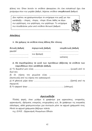 62
φίλους του. Όταν λοιπόν το επίθετο φανερώνει ότι ένα ουσιαστικό έχει ένα
γνώρισµα στον πιο µεγάλο βαθµό, λέγεται επίθετο υπερθετικού βαθµού.
∆εν πρέπει να χρησιµοποιούµε το επίρρηµα πιο µαζί µε την
κατάληξη – ότερος, -ότερη, -ότερο. Είναι λάθος να λέµε:
πιο ψηλότερος, πιο ψηλότερη, πιο ψηλότερο. Το επίρρηµα
πιο συνοδεύεται µόνο από επίθετο θετικού βαθµού.
Ασκήσεις
1. Να γράψεις τα επίθετα στους άλλους δύο τύπους.
θετικός βαθµός συγκριτικός βαθµός υπερθετικός βαθµός
χαµηλό ………………………………. ……………………………….
………………………………. πιο δροσερή ……………………………….
………………………………. ………………………………. νεότατος
2. Να συµπληρώσεις τα κενά των προτάσεων βάζοντας τα επίθετα των
παρενθέσεων στον κατάλληλο βαθµός.
α) Το δωµάτιό µου είναι …………………………………………………………….. (µικρό) από το
δικό σου.
β) Οι νύχτες του χειµώνα είναι ……………………………………………………………..
(σκοτεινές) από τις νύχτες του καλοκαιριού.
γ) Η χθεσινή µέρα ήταν …………………………………………………………….. (ζεστή) από τη
σηµερινή.
δ) Το φαγητό ήταν …………………………………………………………….. (νόστιµο).
Αρκτικόλεξα
Πολλές φορές, όταν µιλάµε ή γραφούµε για οργανώσεις, υπηρεσίες,
οργανισµούς, ιδρύµατα, εταιρείες, επιχειρήσεις κ.ά., δε γράφουµε τις ονοµασίες
ολόκληρες, αλλά χρησιµοποιούµε για συντοµία µόνο τα αρχικά γράµµατά τους.
Μετά τα αρχικά γράµµατα βάζουµε τελεία.
π.χ. Ο.Η.Ε : Οργανισµός Ηνωµένων Εθνών
 