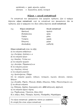 8
κατάσταση → χαρά, αγωνία, ειρήνη
ιδιότητα → δικαιοσύνη, φιλία, πονηριά
Κύρια – κοινά ουσιαστικά
Τα ουσιαστικά που φανερώνουν ένα ορισµένο πρόσωπο, ζώο ή πράγµα
λέγονται κύρια ουσιαστικά, ενώ τα ουσιαστικά που φανερώνουν όλα τα
πρόσωπα, ζώα ή πράγµατα του ίδιου είδους λέγονται κοινά ουσιαστικά.
π.χ. Κύρια ουσιαστικά Κοινά ουσιαστικά
Βασιλική σχολείο
Θεσσαλονίκη αγόρι
Γαλλία γάτα
Τετάρτη ψαράς
Όλυµπος χώρα
∆εκέµβρης µαθητής
Κύρια ουσιαστικά είναι τα εξής:
α) τα ονόµατα ανθρώπων
π.χ. Σωτήρης, Κώστας κ. α.
β) τα ονόµατα ζώων
π.χ. Κανέλος, Τιτίκα κ.α.
γ) τα ονόµατα ηµερών
π.χ. ∆ευτέρα, Παρασκευή κ.α.
δ) τα ονόµατα µηνών
π.χ. Απρίλιος, Ιούνιος
ε) τα ονόµατα γιορτών
π.χ. Χριστούγεννα, Πάσχα
στ) τα ονόµατα χωρών, πόλεων, ποταµών, λιµνών, βουνών, νησιών,
δρόµων
π.χ. Σουηδία, Παρίσι, Πηνειός, Βόλβη, Όλυµπος, Ρόδος, Πανεπιστηµίου κ.α.
ζ) τα εθνικά ονόµατα
π.χ. Έλληνας, Άγγλος, Κερκυραίος κλπ. αλλά ελληνικός, αγγλικός
η) τα ονόµατα έργων τέχνης
π.χ. Παρθενώνας, Τζοκόντα, Άξιον Εστί
θ) οι λέξεις: Θεός, Παναγία, Χριστός, Πανάγαθος, Μεγαλόχαρη
Τα κύρια ουσιαστικά γράφονται πάντα µε κεφαλαίο.
Οι εποχές δεν είναι κύρια ουσιαστικά.
 
