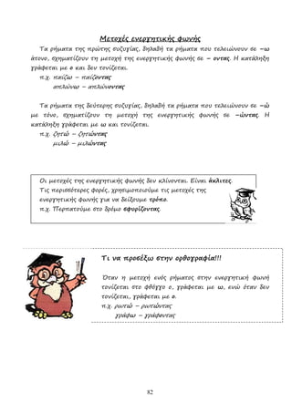 82
Μετοχές ενεργητικής φωνής
Τα ρήµατα της πρώτης συζυγίας, δηλαδή τα ρήµατα που τελειώνουν σε –ω
άτονο, σχηµατίζουν τη µετοχή της ενεργητικής φωνής σε – οντας. Η κατάληξη
γράφεται µε ο και δεν τονίζεται.
π.χ. παίζω – παίζοντας
απλώνω – απλώνοντας
Τα ρήµατα της δεύτερης συζυγίας, δηλαδή τα ρήµατα που τελειώνουν σε –ώ
µε τόνο, σχηµατίζουν τη µετοχή της ενεργητικής φωνής σε –ώντας. Η
κατάληξη γράφεται µε ω και τονίζεται.
π.χ. ζητώ – ζητώντας
µιλώ – µιλώντας
Οι µετοχές της ενεργητικής φωνής δεν κλίνονται. Είναι άκλιτες.
Τις περισσότερες φορές, χρησιµοποιούµε τις µετοχές της
ενεργητικής φωνής για να δείξουµε τρόπο.
π.χ. Περπατούµε στο δρόµο σφυρίζοντας.
Τι να προσέξω στην ορθογραφία!!!
Όταν η µετοχή ενός ρήµατος στην ενεργητική φωνή
τονίζεται στο φθόγγο ο, γράφεται µε ω, ενώ όταν δεν
τονίζεται, γράφεται µε ο.
π.χ. ρωτώ – ρωτώντας
γράφω – γράφοντας
 