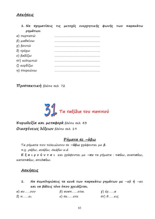 83
Ασκήσεις
1. Να σχηµατίσεις τις µετοχές ενεργητικής φωνής των παρακάτω
ρηµάτων.
α) περπατώ ………………………………………………
β) µαθαίνω ………………………………………………
γ) βουτώ ………………………………………………
δ) τρέχω ………………………………………………
ε) βαδίζω ………………………………………………
στ) κολυµπώ ………………………………………………
ζ) κερδίζω ………………………………………………
η) στερεώνω ………………………………………………
Προστακτική βλέπε σελ. 72
Τ
Τ
Τα
α
α τ
τ
τα
α
αξ
ξ
ξί
ί
ίδ
δ
δι
ι
ια
α
α τ
τ
το
ο
ου
υ
υ π
π
πα
α
απ
π
ππ
π
πο
ο
ού
ύ
ύ
Κυριολεξία και µεταφορά βλέπε σελ. 43
Οικογένειες λέξεων βλέπε σελ. 19
Ρήµατα σε –άβω
Τα ρήµατα που τελειώνουν σε –άβω γράφονται µε β.
π.χ. ράβω, ανάβω, σκάβω κ.ά.
Ε ξ α ι ρ ο ύ ν τ α ι και γράφονται µε –αυ τα ρήµατα : παύω, αναπαύω,
καταπαύω, απολαύω.
Ασκήσεις
1. Να συµπληρώσεις τα κενά των παρακάτω ρηµάτων µε –αβ ή –αυ
και να βάλεις τόνο όπου χρειάζεται.
α) αν…….ουν β) αναπ…….εται γ) έρ…….α
δ) π…….ει ε) σκ…….ετε στ) θ…….εις
 