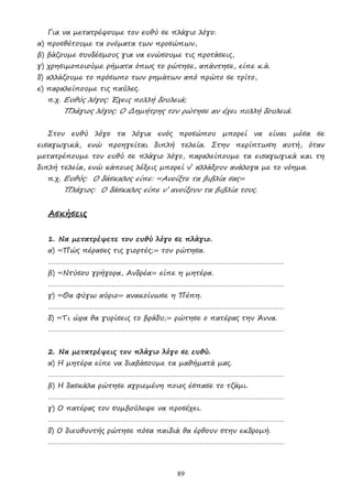 89
Για να µετατρέψουµε τον ευθύ σε πλάγιο λόγο:
α) προσθέτουµε τα ονόµατα των προσώπων,
β) βάζουµε συνδέσµους για να ενώσουµε τις προτάσεις,
γ) χρησιµοποιούµε ρήµατα όπως το ρώτησε, απάντησε, είπε κ.ά.
δ) αλλάζουµε το πρόσωπο των ρηµάτων από πρώτο σε τρίτο,
ε) παραλείπουµε τις παύλες.
π.χ. Ευθύς λόγος: Έχεις πολλή δουλειά;
Πλάγιος λόγος: Ο ∆ηµήτρης τον ρώτησε αν έχει πολλή δουλειά.
Στον ευθύ λόγο τα λόγια ενός προσώπου µπορεί να είναι µέσα σε
εισαγωγικά, ενώ προηγείται διπλή τελεία. Στην περίπτωση αυτή, όταν
µετατρέπουµε τον ευθύ σε πλάγιο λόγο, παραλείπουµε τα εισαγωγικά και τη
διπλή τελεία, ενώ κάποιες λέξεις µπορεί ν’ αλλάξουν ανάλογα µε το νόηµα.
π.χ. Ευθύς: Ο δάσκαλος είπε: «Ανοίξτε τα βιβλία σας»
Πλάγιος: Ο δάσκαλος είπε ν’ ανοίξουν τα βιβλία τους.
Ασκήσεις
1. Να µετατρέψετε τον ευθύ λόγο σε πλάγιο.
α) «Πώς πέρασες τις γιορτές;» τον ρώτησα.
……………………………………………………………………………………………………………
β) «Ντύσου γρήγορα, Ανδρέα» είπε η µητέρα.
……………………………………………………………………………………………………………
γ) «Θα φύγω αύριο» ανακοίνωσε η Πέπη.
……………………………………………………………………………………………………………
δ) «Τι ώρα θα γυρίσεις το βράδυ;» ρώτησε ο πατέρας την Άννα.
……………………………………………………………………………………………………………
2. Να µετατρέψεις τον πλάγιο λόγο σε ευθύ.
α) Η µητέρα είπε να διαβάσουµε τα µαθήµατά µας.
……………………………………………………………………………………………………………
β) Η δασκάλα ρώτησε αγριεµένη ποιος έσπασε το τζάµι.
……………………………………………………………………………………………………………
γ) Ο πατέρας τον συµβούλεψε να προσέχει.
……………………………………………………………………………………………………………
δ) Ο διευθυντής ρώτησε πόσα παιδιά θα έρθουν στην εκδροµή.
……………………………………………………………………………………………………………
 