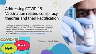 Addressing COVID-19
Vaccination related conspiracy
theories and their Rectification
Presented by Haseeb Akram
Jennings, W, Stoker, G, Bunting, H, Valgarðsson, VO, Gaskell, J.
Devine, D, McKay, L & Mills, MC 2021, ‘Lack of Trust, Conspiracy
Beliefs, and Social Media Use Predict COVID-19 Vaccine
Hesitancy’, Multidisciplinary Digital Publishing Institute, vol. 9, no.
6, p. 593. doi:https://doi.org/10.3390/vaccines9060593.
 