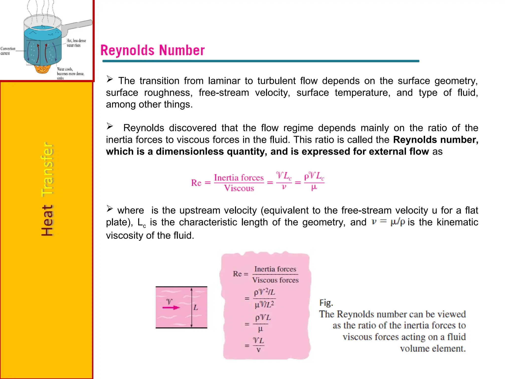  The transition from laminar to turbulent flow depends on the surface geometry,
surface roughness, free-stream velocity, surface temperature, and type of fluid,
among other things.
 Reynolds discovered that the flow regime depends mainly on the ratio of the
inertia forces to viscous forces in the fluid. This ratio is called the Reynolds number,
which is a dimensionless quantity, and is expressed for external flow as
 where is the upstream velocity (equivalent to the free-stream velocity u for a flat
plate), Lc is the characteristic length of the geometry, and is the kinematic
viscosity of the fluid.
 