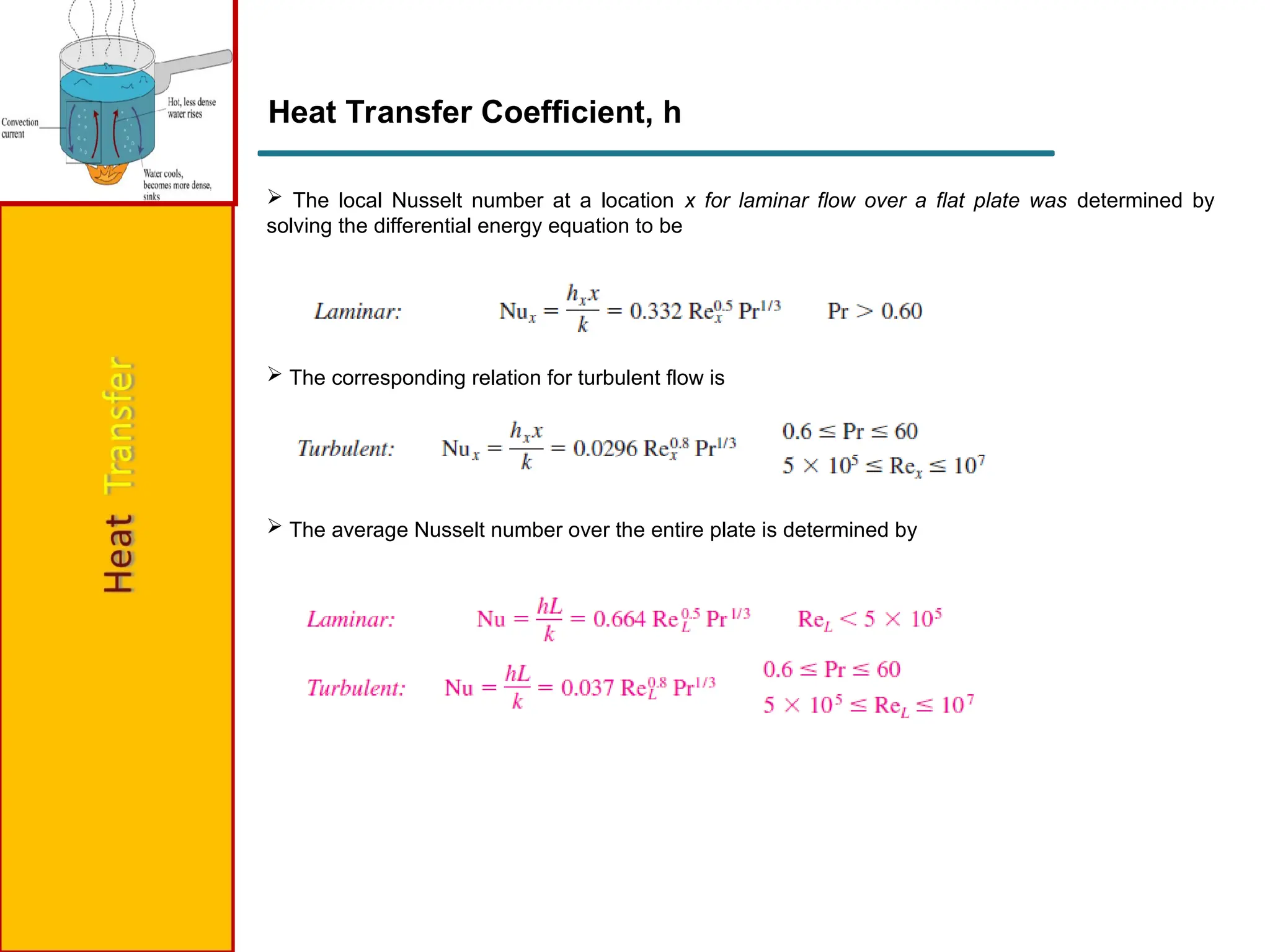 Heat Transfer Coefficient, h
 The local Nusselt number at a location x for laminar flow over a flat plate was determined by
solving the differential energy equation to be
 The corresponding relation for turbulent flow is
 The average Nusselt number over the entire plate is determined by
 