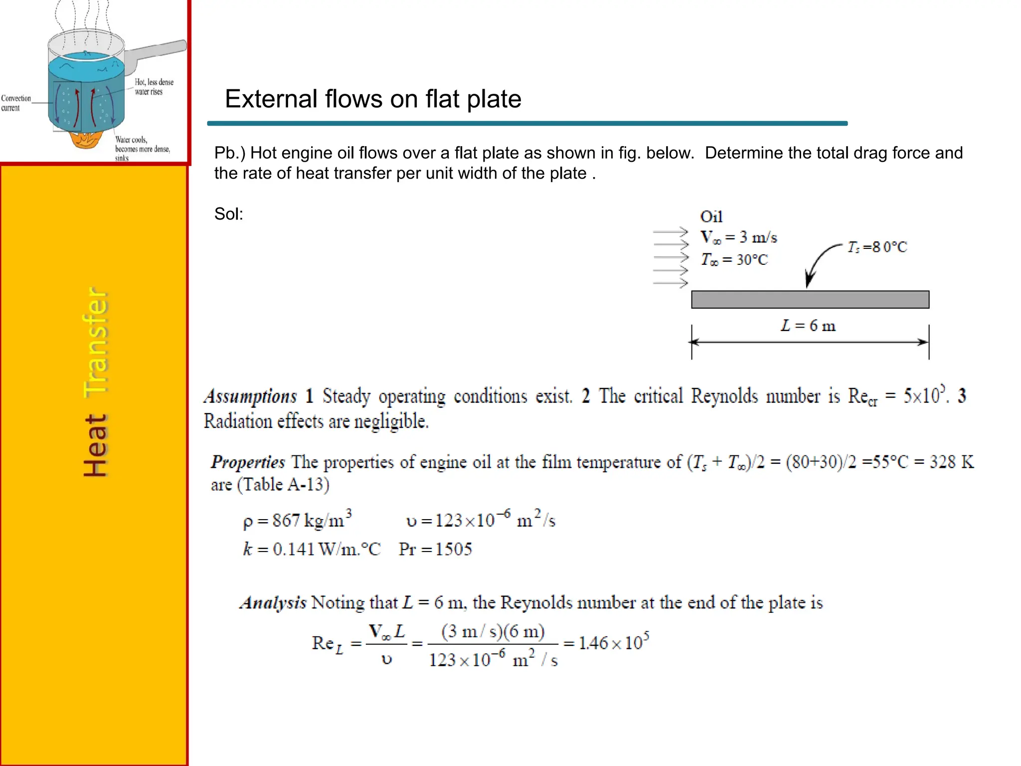 Pb.) Hot engine oil flows over a flat plate as shown in fig. below. Determine the total drag force and
the rate of heat transfer per unit width of the plate .
Sol:
External flows on flat plate
 