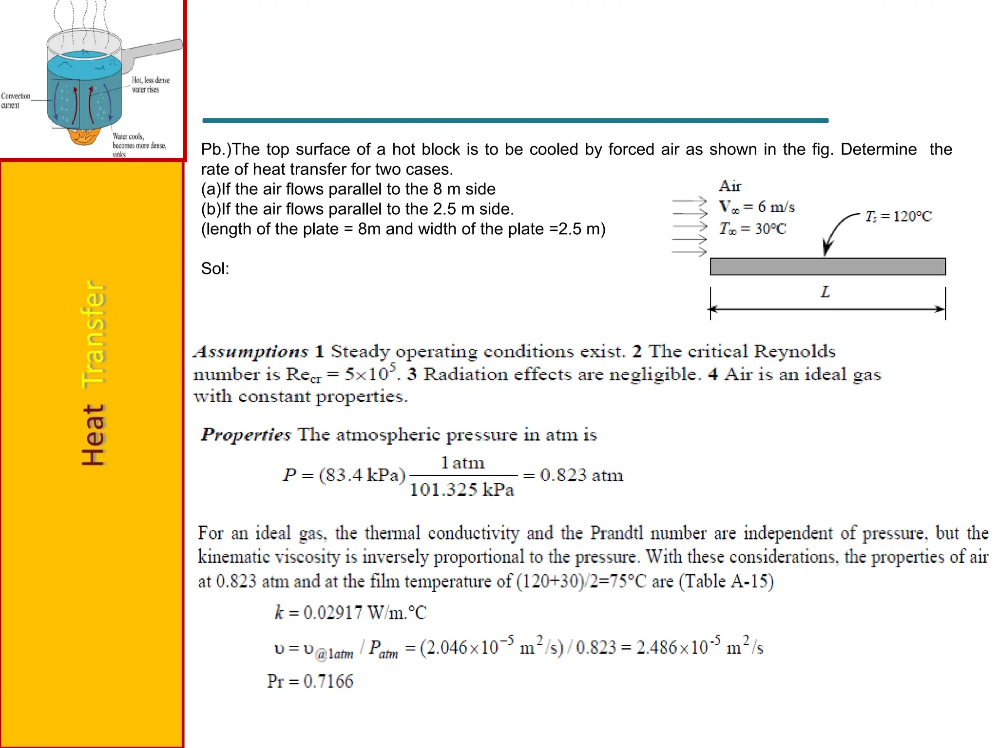 Pb.)The top surface of a hot block is to be cooled by forced air as shown in the fig. Determine the
rate of heat transfer for two cases.
(a)If the air flows parallel to the 8 m side
(b)If the air flows parallel to the 2.5 m side.
(length of the plate = 8m and width of the plate =2.5 m)
Sol:
 