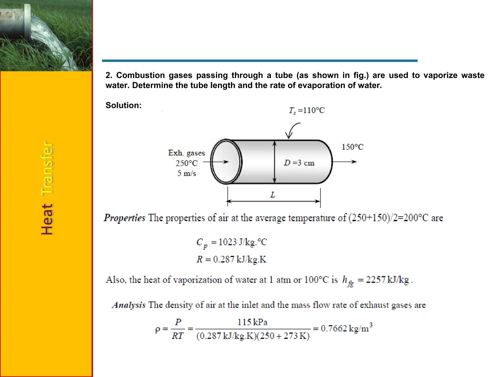 2. Combustion gases passing through a tube (as shown in fig.) are used to vaporize waste
water. Determine the tube length and the rate of evaporation of water.
Solution:
 